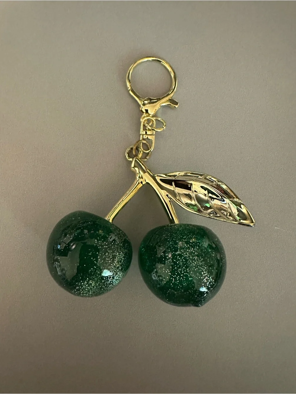 Gold-Tone Keychain with Dark Green Glitter Cherry Charms